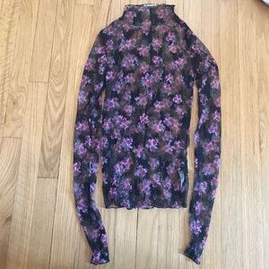 XS Free People Flowery mesh long sleeve top